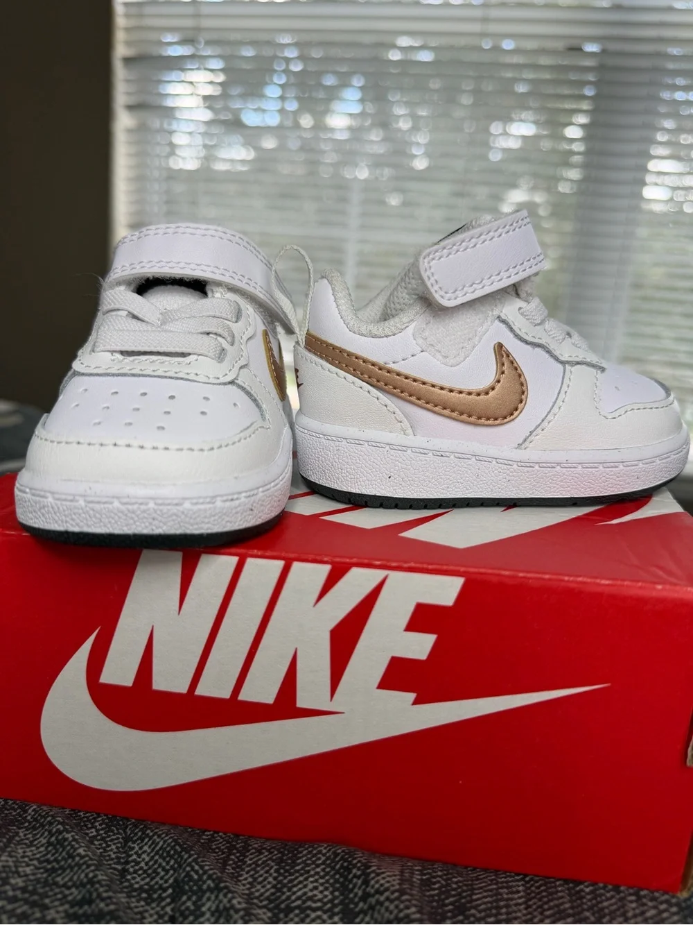 NEW Nike Kids' White Sneakers with Rose Gold Swoosh